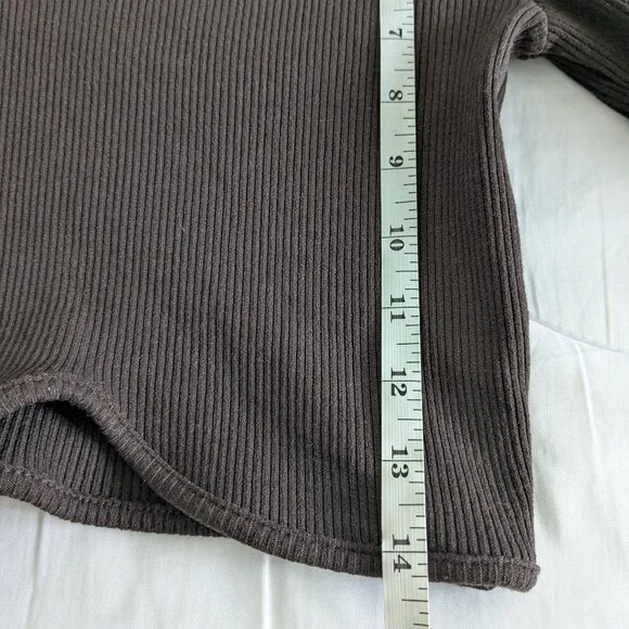Zara Top Women's Large Brown Cropped Ribbed Cut-Out Long Sleeve Asymmetric Shirt - Picture 13 of 13